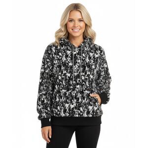 Athleta Hoodie Tugga Teddy Sherpa Black White Furry Sweatshirt Sz L Athleisure